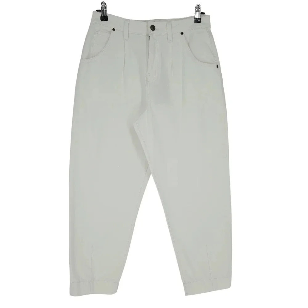 Gianni Bini Straight Crop Leg Jeans White Pleated High Rise Barrel Denim